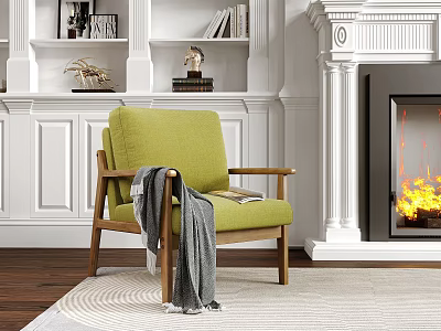 Green Single Sofa With Wooden Arms Gray Throw Blanket And Book Near White Fireplace 3d model