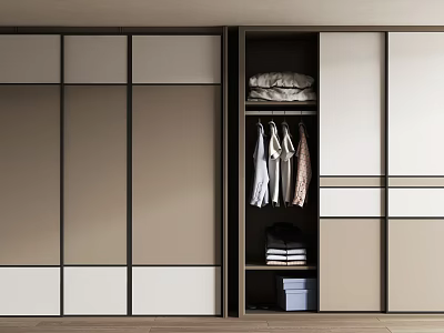 Modern Wardrobe With Beige And White Panel Doors Clothing Hanging Area And Folded Clothes 3d model