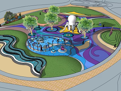 Vibrant Children's Playground With Colorful Wavy Ground Fountain Trees And White Slide 3d model