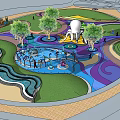 Vibrant Children's Playground With Colorful Wavy Ground Fountain Trees And White Slide