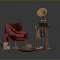Red Accent Chair With Plaid Blanket Gramophone On Side Table And Books On Wooden Base
