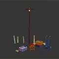 Black Street Lamp Pole With Wooden Posts Blue Orange Boxes Red Stool Trolley And Balls
