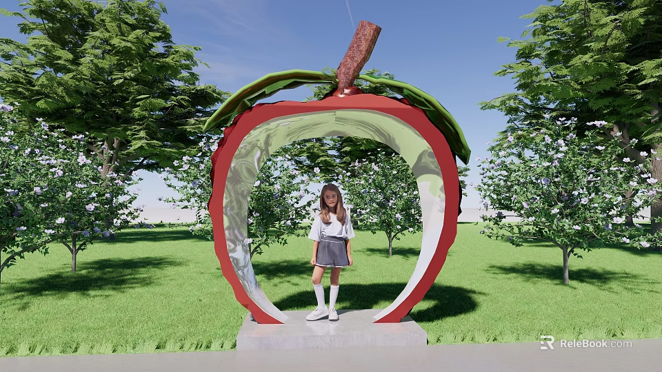 Garden Landscape Featuring Red Apple Shaped Arch Green Trees And Grass 3d model