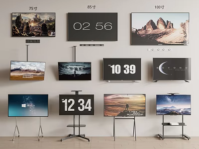 Various Size TVs 75 85 100 Inch Screens Displaying Time And Scenery 3d model