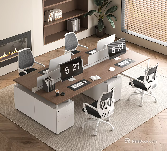 Modern Office Desk Setup With Multiple Monitors Ergonomic Chairs Bookshelf And Potted Plant 3d model 