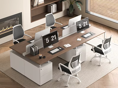 Modern Office Desk Setup With Multiple Monitors Ergonomic Chairs Bookshelf And Potted Plant 3d model
