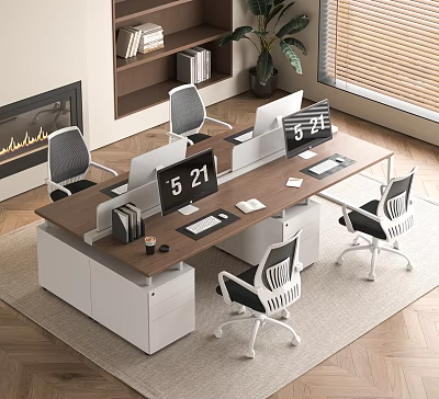Modern Office Desk Setup With Multiple Monitors Ergonomic Chairs Bookshelf And Potted Plant 3d model