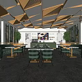 Modern Dessert Shop Interior With Bright Lighting Green Seats And Olive Trees