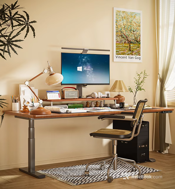 Modern Wooden Desk With Monitor Lamp Stationery Books And Ergonomic Chair 3d model 