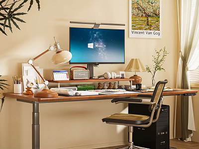 Modern Wooden Desk With Monitor Lamp Stationery Books And Ergonomic Chair 3d model