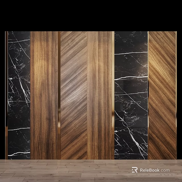 Modern Interior Design With Wooden Herringbone Panels Black Marble Veins And Golden Trim 3d model 