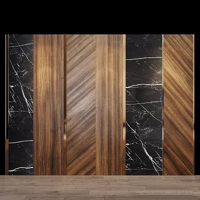 Modern Interior Design With Wooden Herringbone Panels Black Marble Veins And Golden Trim 3d model