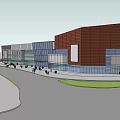 Modern Commercial Street With Shopping Mall Pedestrian Area Greenery And Water Feature