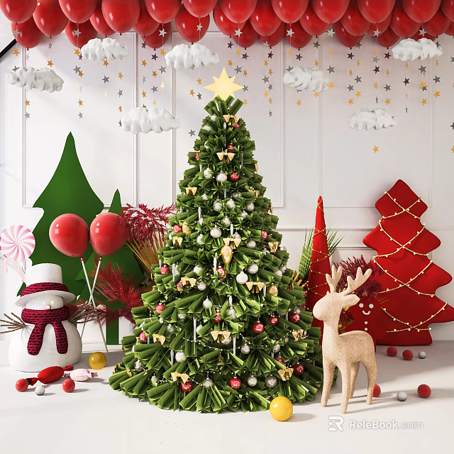 Festive Christmas Tree Decorations With Snowman Reindeer Balloons Stars And Clouds 3d model 