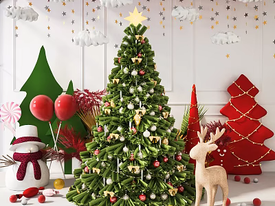Festive Christmas Tree Decorations With Snowman Reindeer Balloons Stars And Clouds 3d model