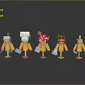 Various Yellow Block Characters with Mushroom and Animal Head Decorations Holding White Items