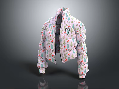 Pink Cropped Puffer Jacket with Colorful Mushroom and Leaf Patterns and Heart Decoration 3d model