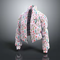 Pink Cropped Puffer Jacket with Colorful Mushroom and Leaf Patterns and Heart Decoration