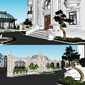 Detached Villa Classic Exterior Design With Arched Windows Balconies Garden And Red Car On Driveway