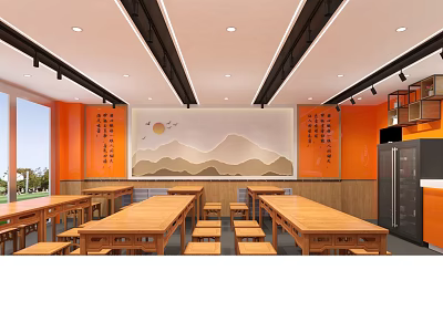 Open Restaurant Interior With Wooden Dining Tables Orange Walls And Landscape Decor 3d model