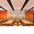 Open Restaurant Interior With Wooden Dining Tables Orange Walls And Landscape Decor