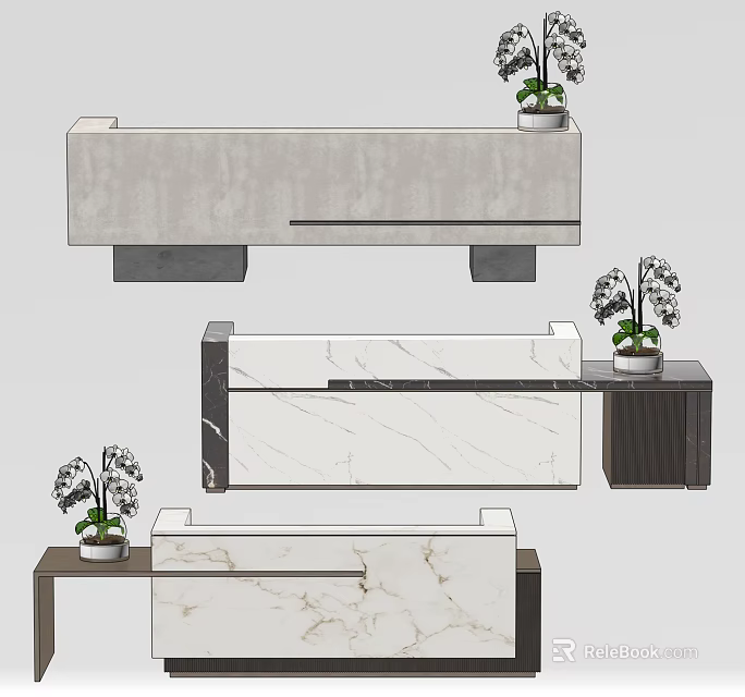 Elegant Modern Reception Desk With White Marble Countertop And Potted Orchid Plants 3d model 