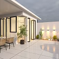 Roof Terrace Garden Landscape With Wooden Deck White Umbrella Red Maple Tree And Green Plants