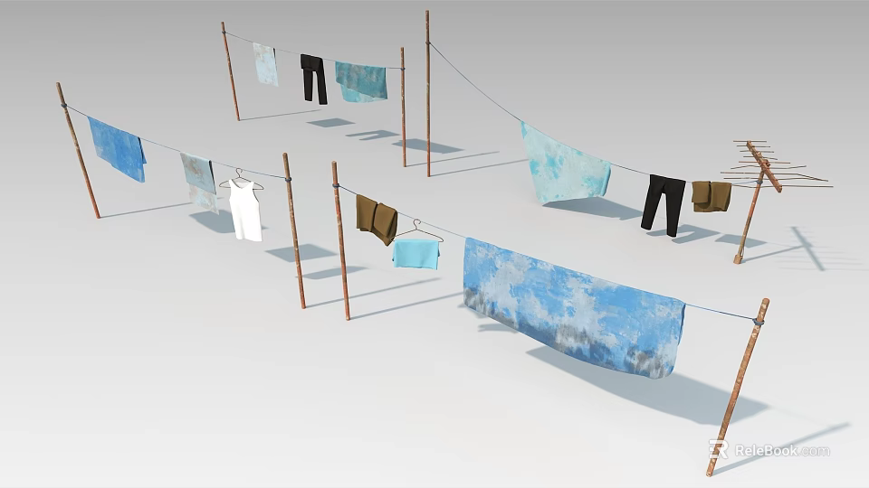 Colorful Clothes Drying On Outdoor Clothesline With Wooden Poles And Fabrics 3d model 