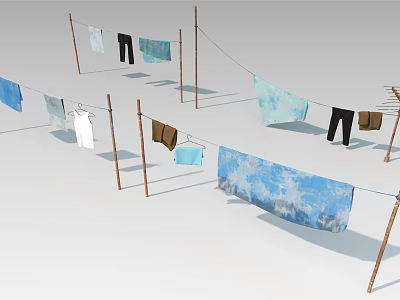 Colorful Clothes Drying On Outdoor Clothesline With Wooden Poles And Fabrics 3d model
