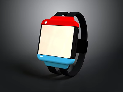 Modern Smartwatch with Red Top White Cross Blue Bottom Black Strap and Square Screen 3d model