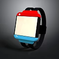 Modern Smartwatch with Red Top White Cross Blue Bottom Black Strap and Square Screen