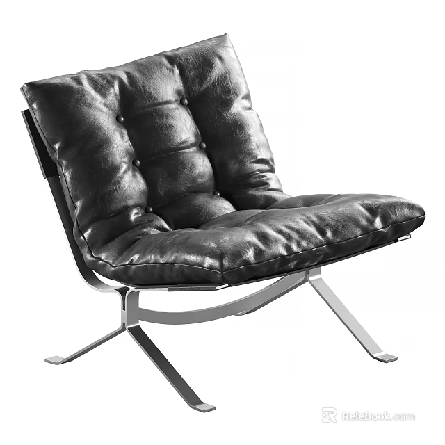 Modern Black Leather Leisure Chair with Padded Cushion and Metal Frame Design 3d model 