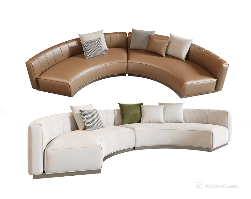 Curved Brown and Beige Sectional Sofa with Multi seat Design and Accent Pillows 3d model 