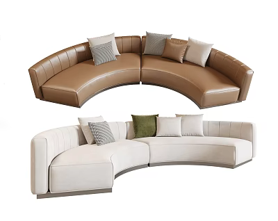 Curved Brown and Beige Sectional Sofa with Multi seat Design and Accent Pillows 3d model