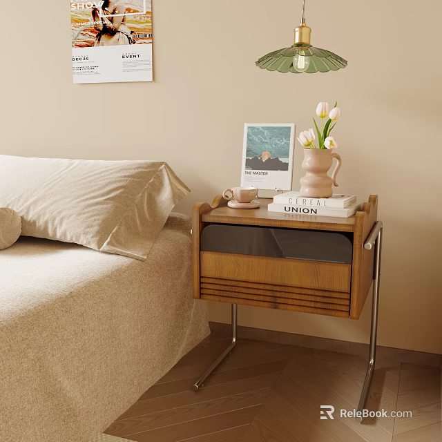 Modern Wooden Nightstand With Metal Legs Vase Books And Coffee Mug 3d model 