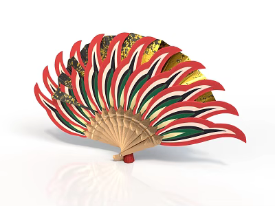 Traditional Folding Fan With Red Green White Stripes Gold Decorations And Wooden Frame 3d model