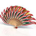 Traditional Folding Fan With Red Green White Stripes Gold Decorations And Wooden Frame