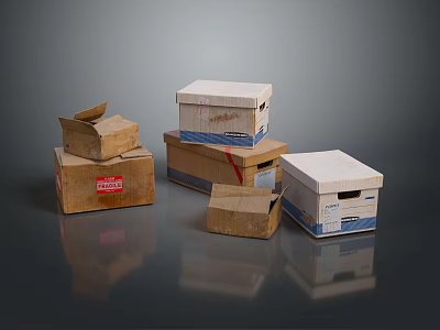 Various Stacked And Open Cardboard Boxes With Labels And Tape On Dark Surface 3d model