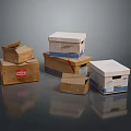Various Stacked And Open Cardboard Boxes With Labels And Tape On Dark Surface