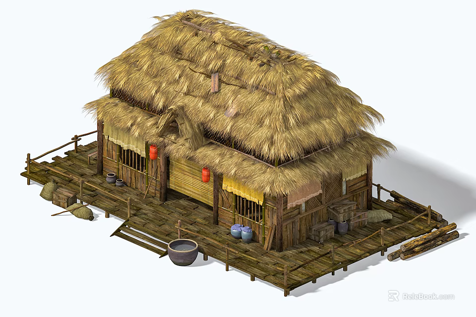 Traditional Thatched House with Straw Roof Wooden Platform and Red Lanterns 3d model 