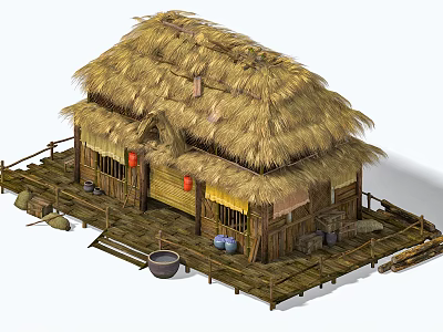 Traditional Thatched House with Straw Roof Wooden Platform and Red Lanterns 3d model