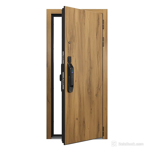 Elegant Wooden Door With Glass Insert And Smart Lock Design For Modern Home Security 3d model 