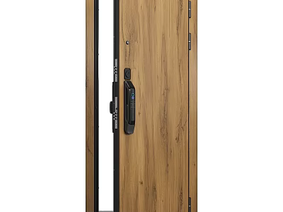 Elegant Wooden Door With Glass Insert And Smart Lock Design For Modern Home Security 3d model
