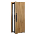 Elegant Wooden Door With Glass Insert And Smart Lock Design For Modern Home Security