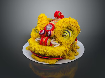 Yellow Lion Dance Head With Red Decorative Elements And Colorful Eyes 3d model