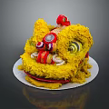 Yellow Lion Dance Head With Red Decorative Elements And Colorful Eyes