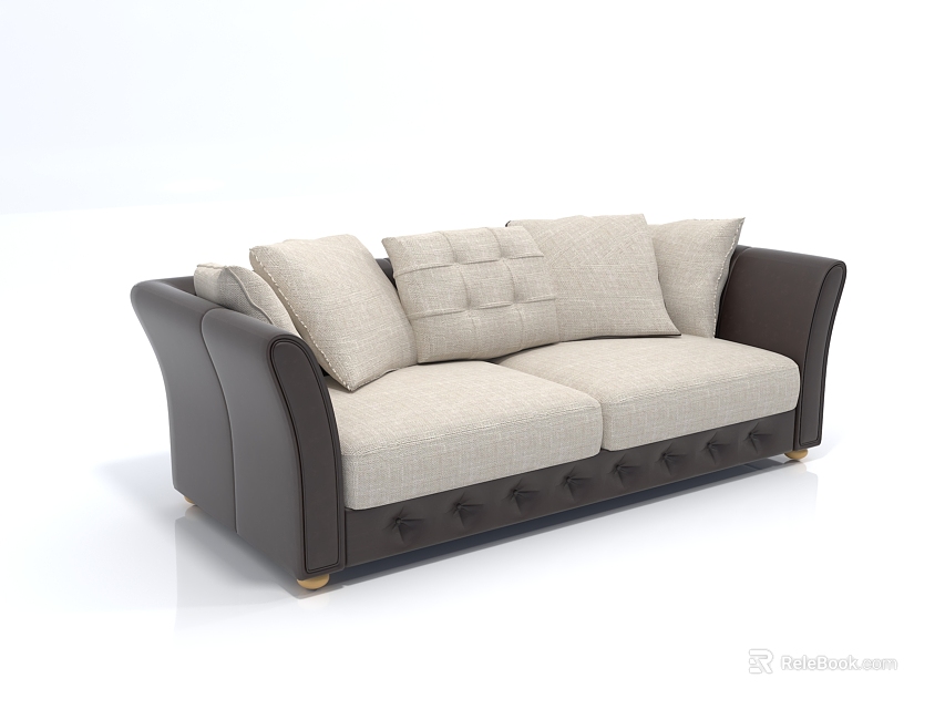 Modern Two Seater Sofa With Beige Fabric Upholstery Black Leather Armrests And Decorative Cushions 3d model 
