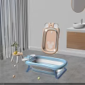 Blue Baby Bathtub With Foldable Pink Ear Shaped Backrest Colorful Balls Sink And Wooden Cabinet
