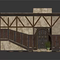 Medieval Style Building Facade With Wooden Frames Stone Walls Arched Door And Staircase