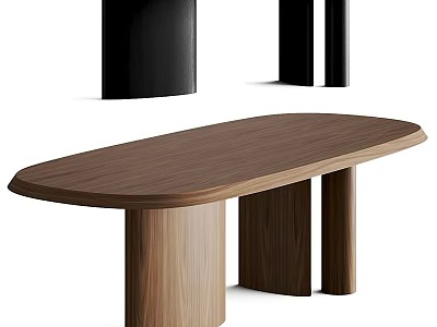 Modern Walnut Wooden Oval Dining Table With Cylindrical Legs And Smooth Surface Design 3d model